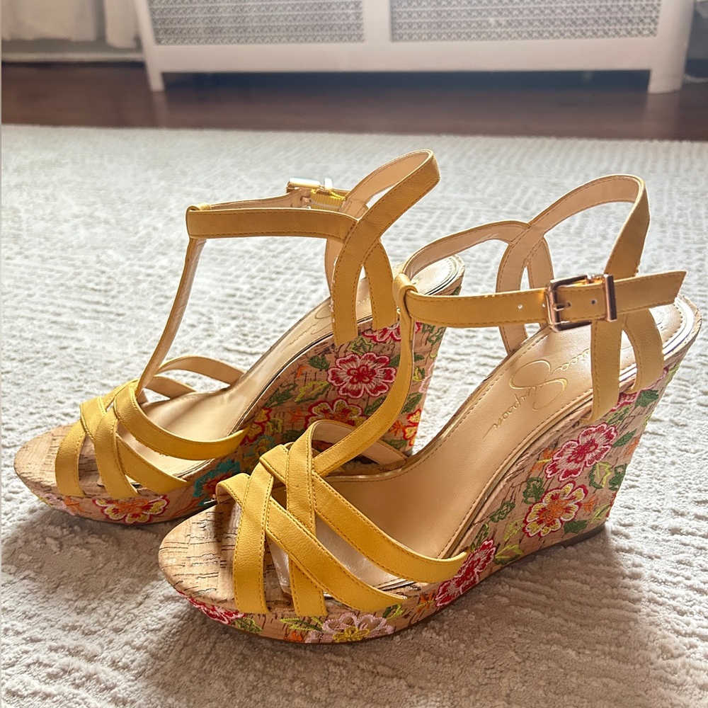 Jessica Simpson Floral Wedge Sandals Yellow
